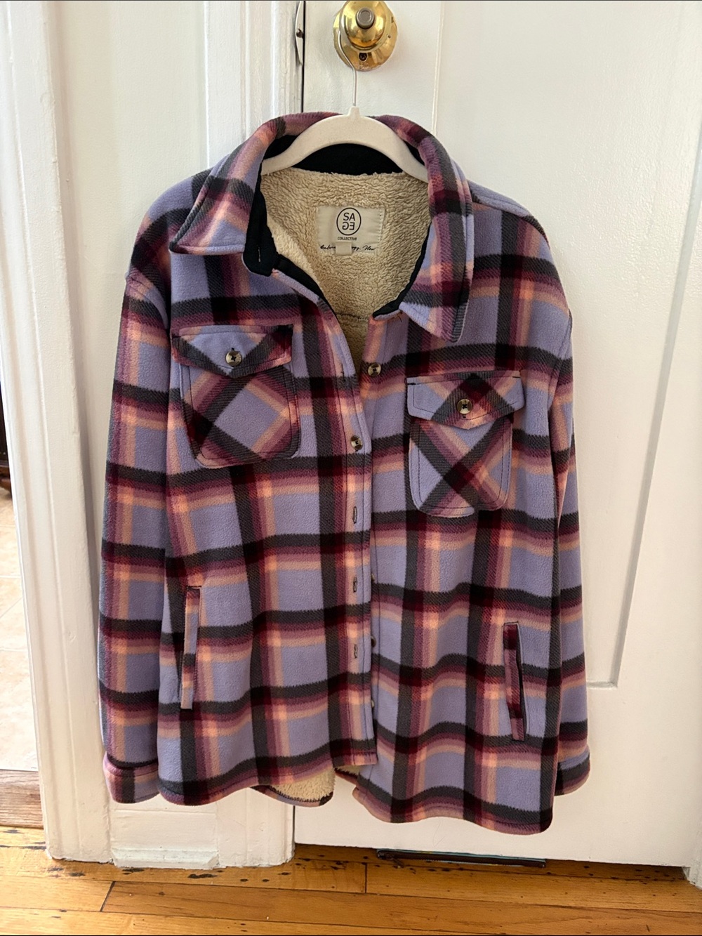 Plaid Sherpa-Lined, polar fleece Jacket in Lavender and Pink